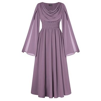 Women Renaissance Medieval Dress Split Bell Sleeve Cowl Neck Shirred Waist A-Line Flowy