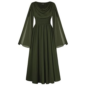 Women Renaissance Medieval Dress Split Bell Sleeve Cowl Neck Shirred Waist A-Line Flowy