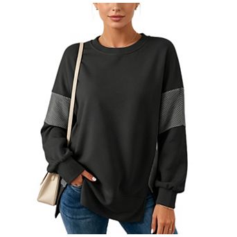 Womens Oversized Sweatshirts Casual Crewneck Color Block Long Sleeve Side Slit Pullover Tops