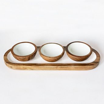 Jeanne Fitz Wood + White Collection Acacia Wood 3 Dipping Bowls and Tray
