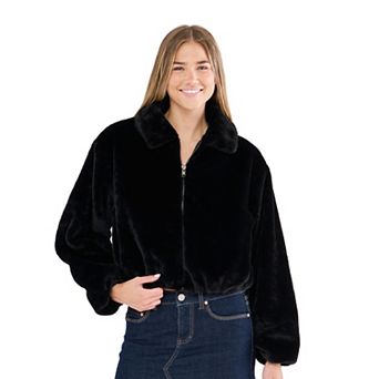 Juniors' madden girl Collared Zip-Front Bubble Faux Fur Jacket with Slit Pockets