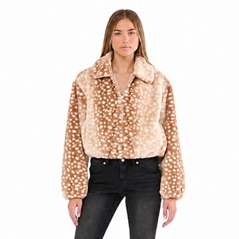 Juniors' madden girl Collared Zip-Front Bubble Faux Fur Jacket with Slit Pockets