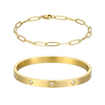 Adornia Polished 18k Gold Flash Plated Cubic Zirconia Cuff Bracelet & Paperclip Chain 2 pc Set