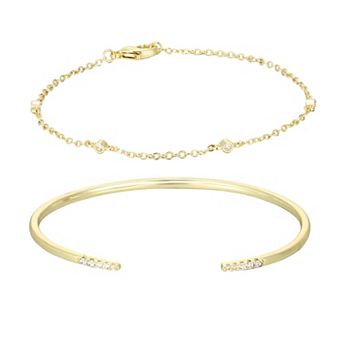 Adornia 14k Gold Flash Plated Pave Cubic Zirconia Cuff & Station Bracelet 2 pc Set