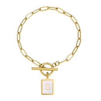 Adornia 18k Gold Flash Plated Stainless Steel Mother-of-Pearl Initial Toggle Bracelet
