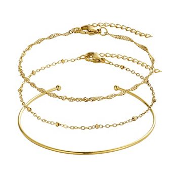 Adornia 3 pc Polished 18k Gold Flash Plated Stainless Steel Cuff & Chain Bracelets Set
