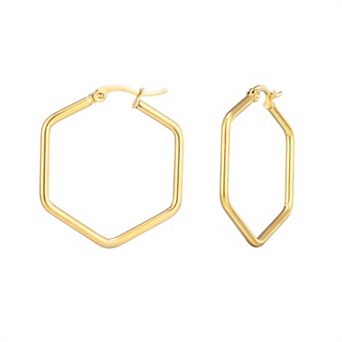 Adornia Polished 18k Gold Flash Plated Stainless Steel Hexagon Hoop Earrings