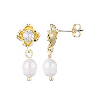 Adornia 14k Gold Flash Plated Freshwater Pearl and Crystal Flower Earrings