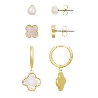 Adornia 14k Gold Flash Plated Freshwater Pearl 3-Pair Earring Set