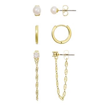 Adornia 14k Gold Flash Plated Freshwater Pearl Post & Huggie Hoop 3-Pair Earring Set