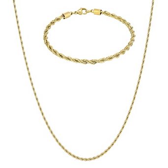 Adornia Men's Tarnish Resistant 18k Gold Flash Plated Rope Chain Bracelet & Necklace Set