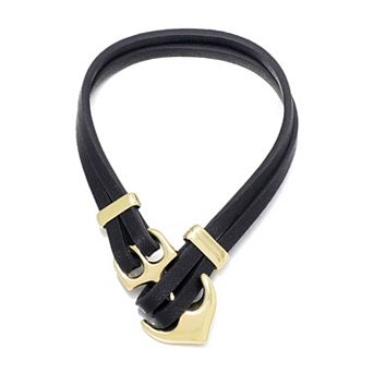 Adornia Men's 14k Gold Flash Plated Polished Anchor Double Line Leather Wrap Cuff Bracelet