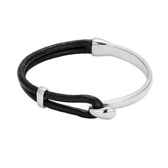 Adornia Men's Silver Tone Leather & Cuff Hook Bracelet