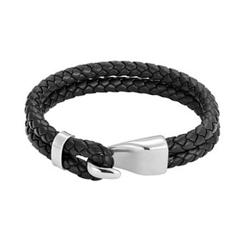 Adornia Men's Silver Tone Double Braided Leather Hook Bracelet