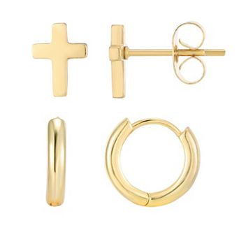 Adornia Men's Tarnish Resistant 18k Gold Flash Plated 2-Pair Cross Stud & Hoop Earring Set