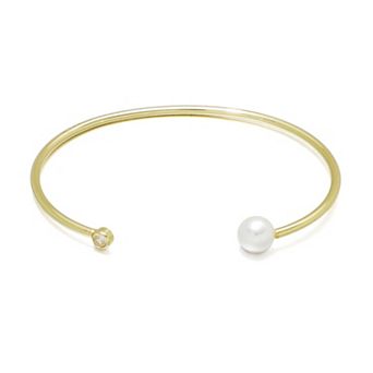 Adornia 14k Gold Flash Plated Simulated Pearl & Crystal Ended Cuff Bracelet