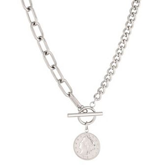 Adornia Stainless Steel Polished Link Chain Antique Lady Coin Necklace