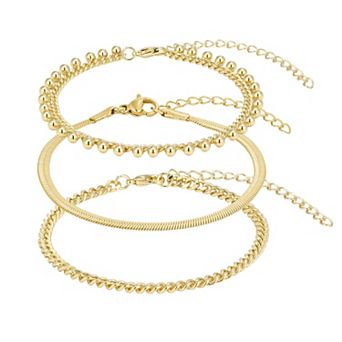Adornia Tarnish Resistant 18k Gold Flash Plated Curb Chain 3 pc Bracelet Set