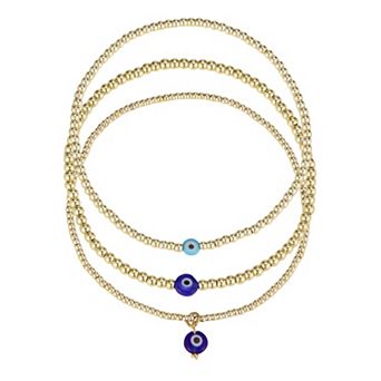 Adornia 14k Gold Flash Plated Blue Evil Eye 3 pc Bracelet Set