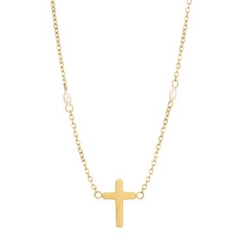 Adornia Tarnish Resistant 18k Gold Flash Plated Freshwater Cultured Pearl & Cross Necklace