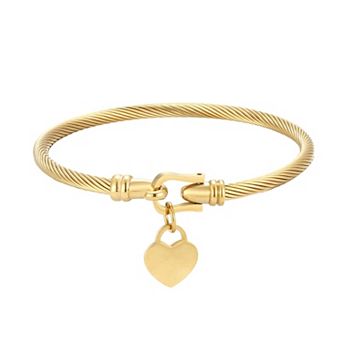 Adornia Tarnish Resistant 18k Gold Flash Plated Twist Cable Hinge Cuff with Heart Charm Bracelet