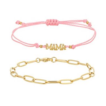 Adornia 18k Gold Flash Plated MAMA Cord Adjustable Bolo & Paperclip Chain 2 pc Bracelet Set