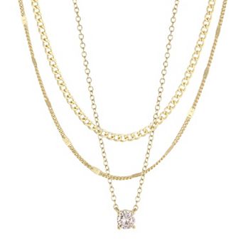 Adornia 14k Gold Flash Plated 3-Chain Layered Necklace with Cubic Zirconia Pendant