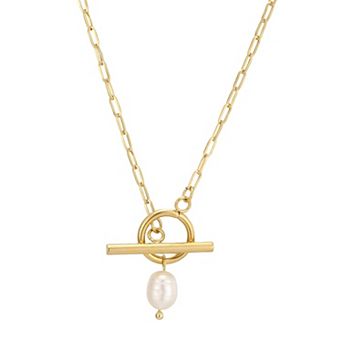 Adornia Tarnish Resistant 18k Gold Flash Plated Freshwater Cultured Pearl Paperclip Chain Toggle Necklace