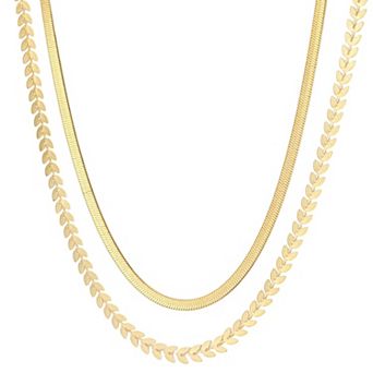 Adornia Tarnish Resistant 18k Gold Flash Plated Leaf & Herringbone Layered Chain Necklace
