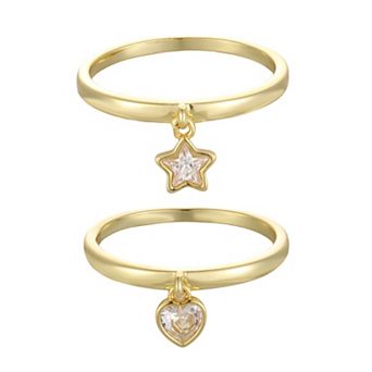Adornia 14k Gold Flash Plated Round Cubic Zirconia Star & Heart Dangle 2 pc Ring Set