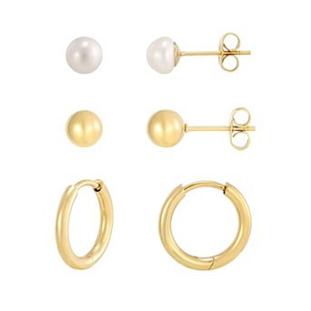 Adornia Tarnish Resistant 18k Gold Flash Plated Freshwater Cultured Pearl 3-Pair Stud & Huggie Hoop Earring Set