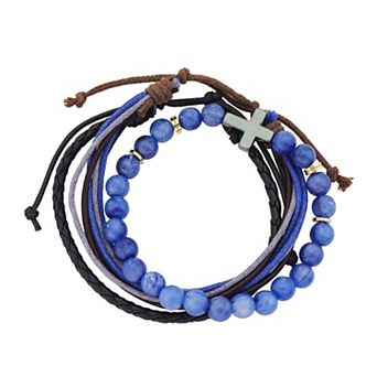 Oliver Park Men's Polished Round Beaded Faux Leather, Cord & Cross 3 pc Bracelet Set