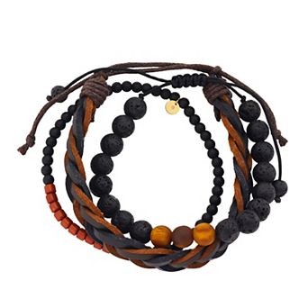 Oliver Park Men's Stainless Steel Textured Round Beaded & Faux Braided Leather 3 pc Bracelet Set