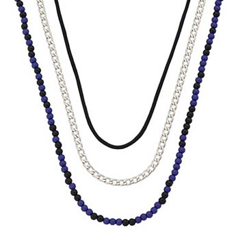 Oliver Park Men's Stainless Steel Polished Curb Chain & Beaded Layered Necklace Set