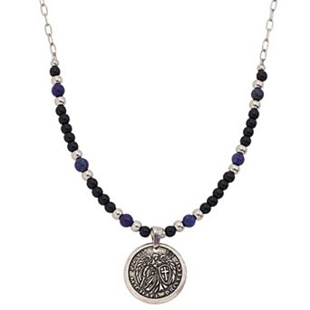Oliver Park Men's Antiqued Stainless Steel Round Quartz Beaded Saint Michael Pendant Necklace
