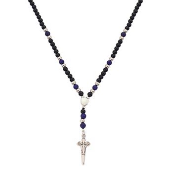 Oliver Park Men's Stainless Steel Polished Round Quartz Beaded Cross Pendant Y-Necklace