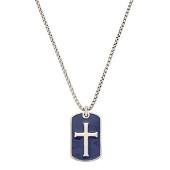 Oliver Park Men's Polished Stainless Steel Box Chain Cross Dog Tag Cross Pendant Necklace
