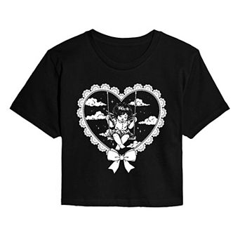 Juniors' Vintage Angel on Swing Heart Lace Cropped Tee