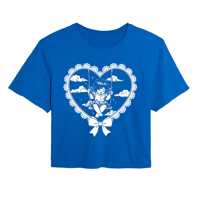 Juniors' Vintage Angel on Swing Heart Lace Cropped Tee, Women's, 