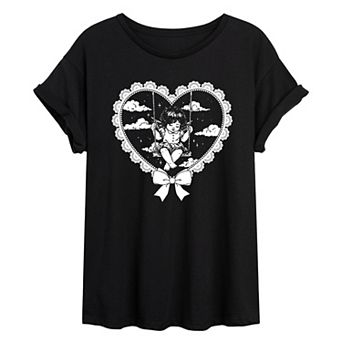Juniors' Vintage Angel on Swing Heart Lace Oversized Tee