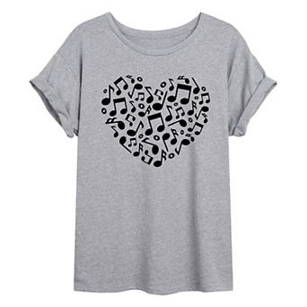 Juniors' Music Notes Heart Oversized Tee
