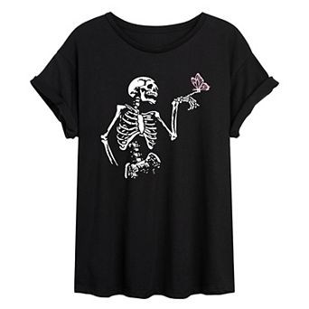 Juniors' Skeleton & Butterfly Oversized Tee