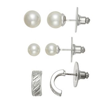 You're Invited Silver Tone Simulated Pearl Stud Earring Trio Set
