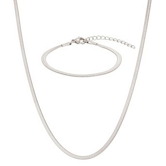 Adornia Tarnish Resistant Stainless Steel Herringbone Bracelet & Necklace Set