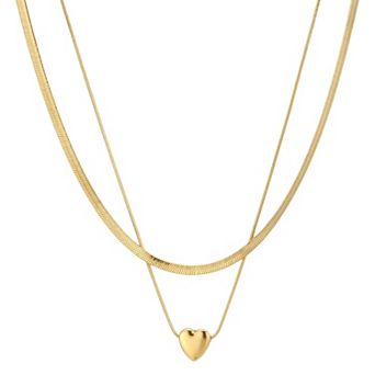 Adornia 18k Gold Flash Plated Layered Heart Pendant and Herringbone Necklace