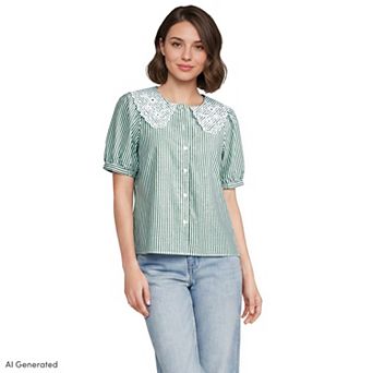 Women's Lands' End Poplin Puff Sleeve Ruffle Collar Shirt