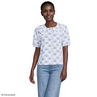 Women's Lands' End Poplin Puff Sleeve Ruffle Collar Shirt
