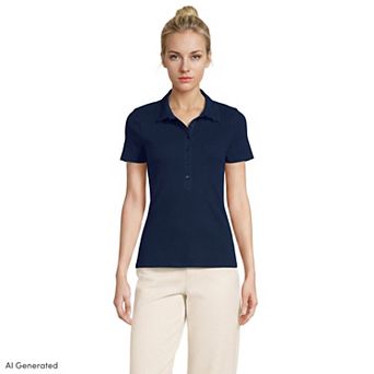Women's Lands' End Short Sleeve Micro Rib Woven Collar Polo