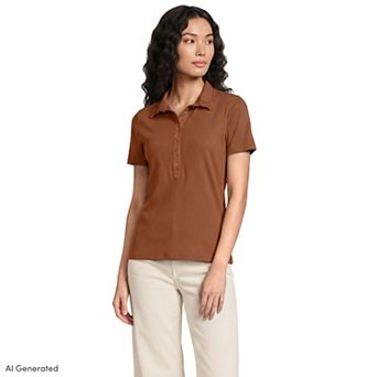 Women's Lands' End Short Sleeve Micro Rib Woven Collar Polo