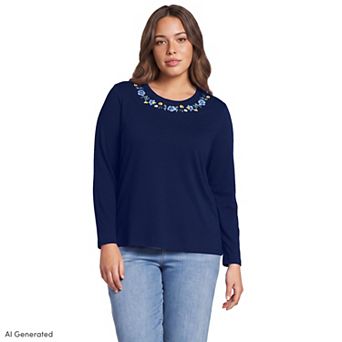 Plus Size Lands' End Embroidered Supima Long Sleeve Crewneck Top